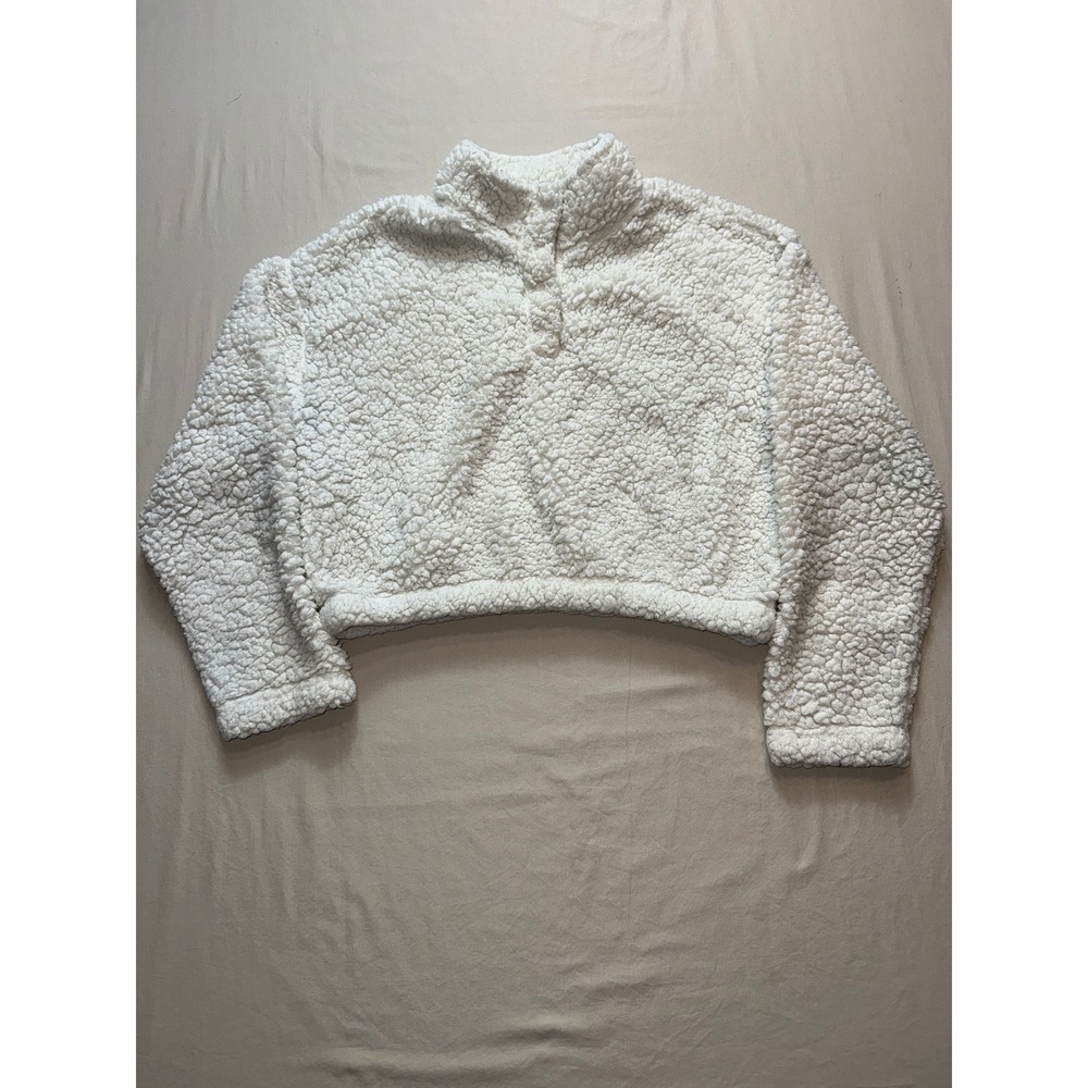 PacSun Womens Cream Sherpa Fleece Cropped Pullover Mock Neck‎ Snap Button Small